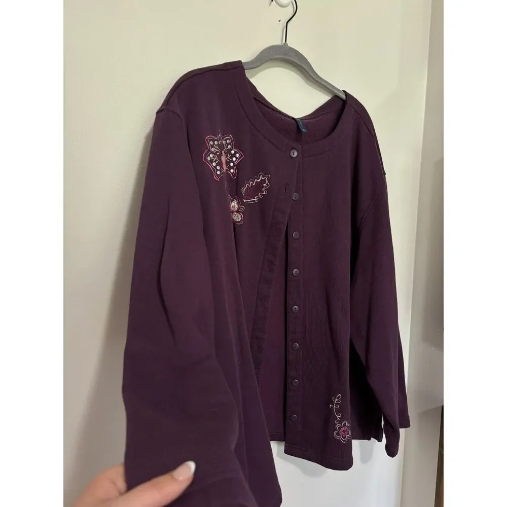 Vintage Falls Creek Embroidered Cardigan Burgundy Floral Button Front Plus 3X‎